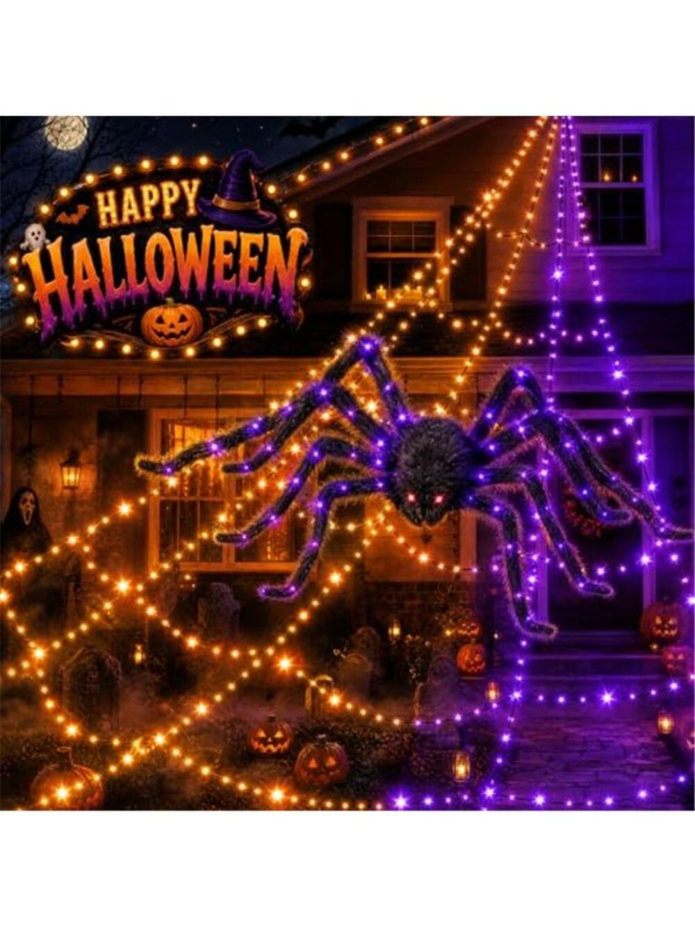 Makion 550 LEDs Halloween Decorations Outdoor Spider Web Lights with Spider